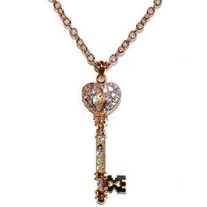 3" Chunky Gold Tone Aurora Borealis Ab Crystal Heart Love Key Necklace Triple Pl